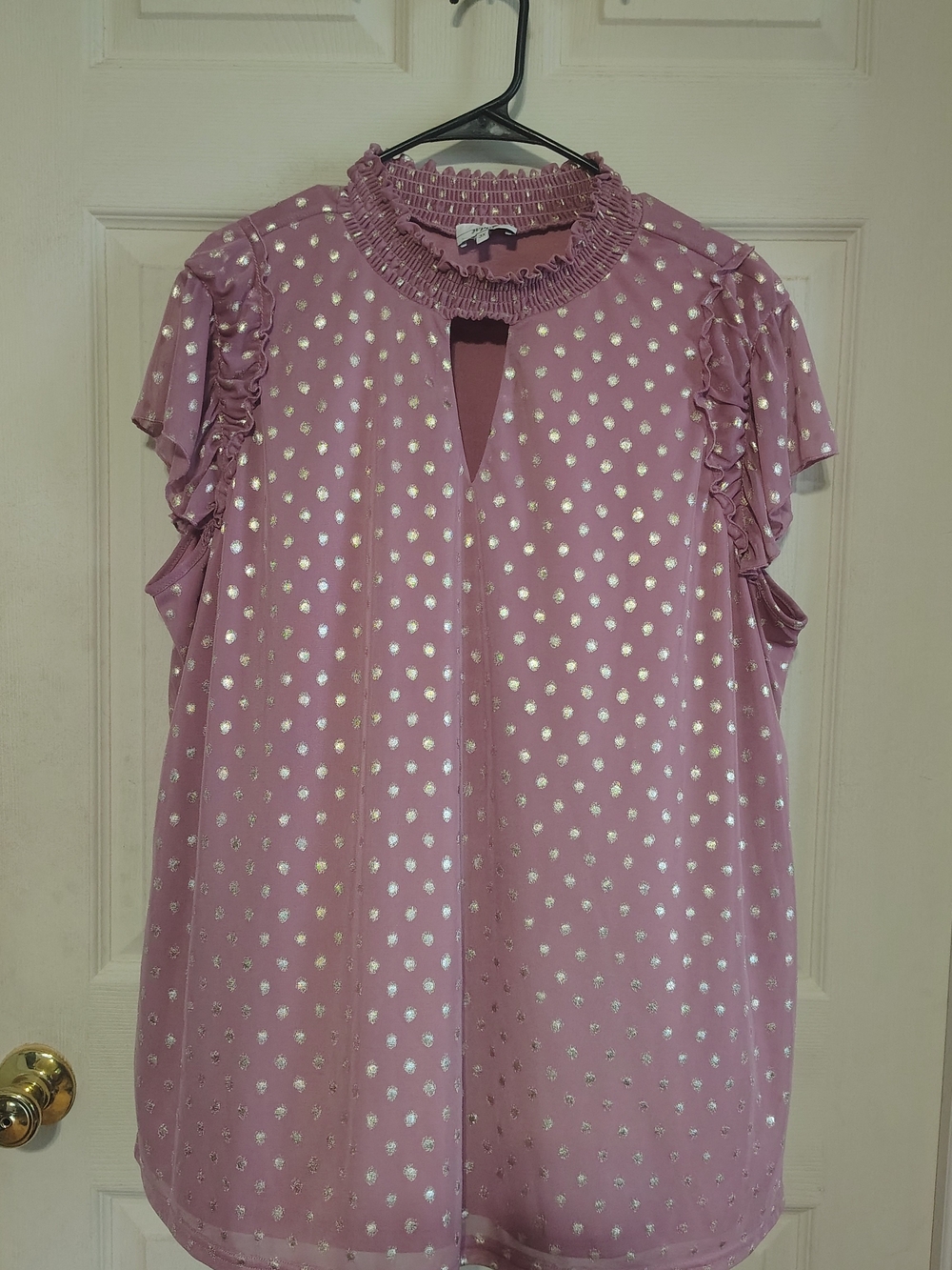 Poppin Women's 3X Pink Gold Polka Dot Chiffon Ruffle Flutter Fairycore Blouse